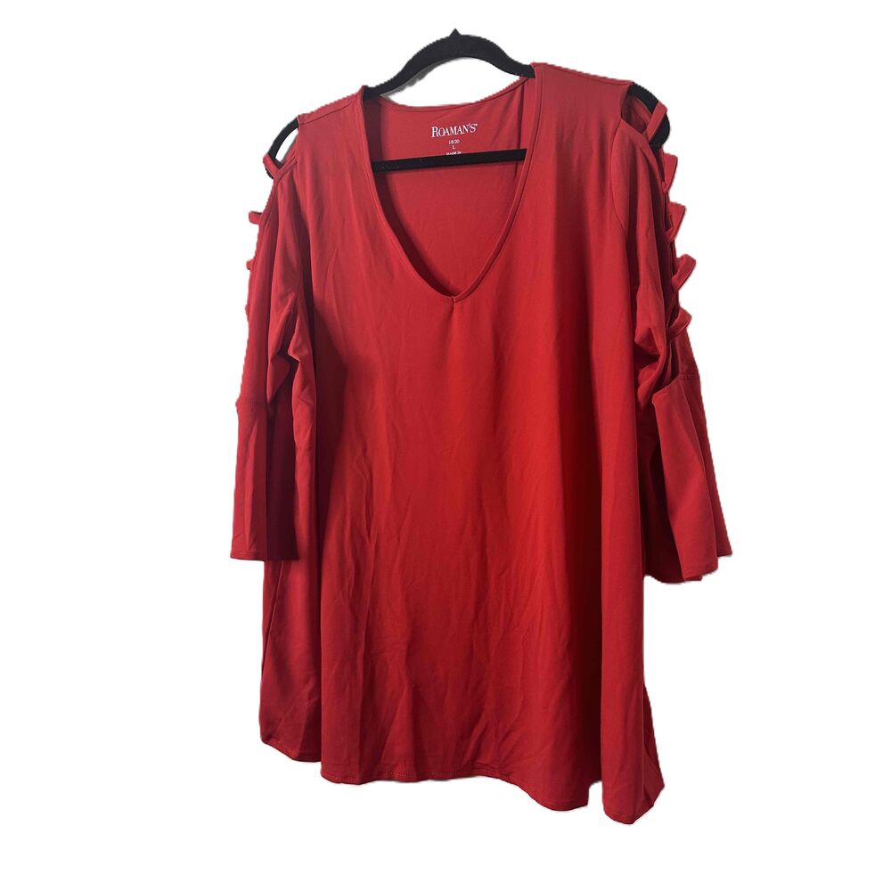 NWT Roamans Top Womens Size 18/20 Plus Red Cut Out 3/4 Sleeves V Neck